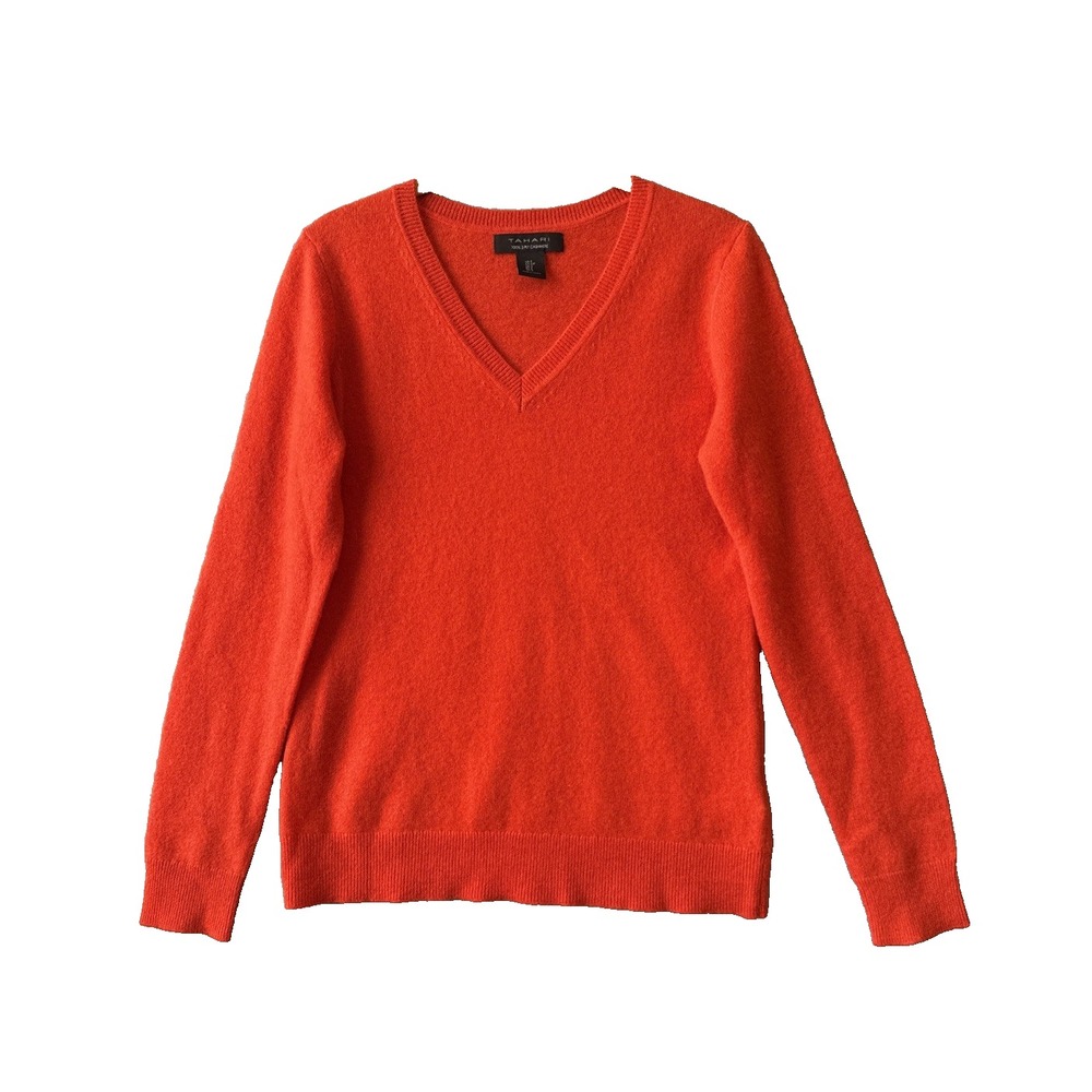 Tahari 100% Cashmere Sweater S Orange V Neck 2 Ply Knit Luxury Soft Dopamine